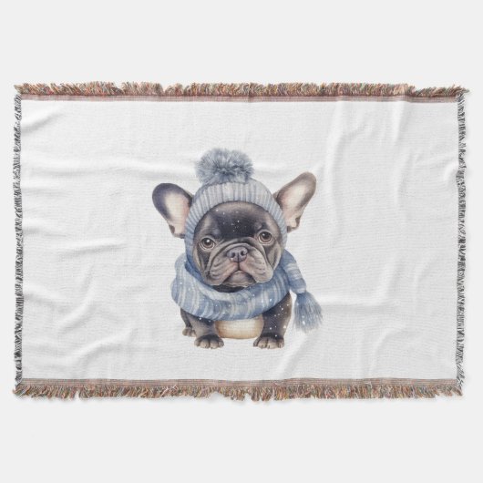 Winter Bulldog Baby in Blue Cap and Scarf  Deken (Voorkant)