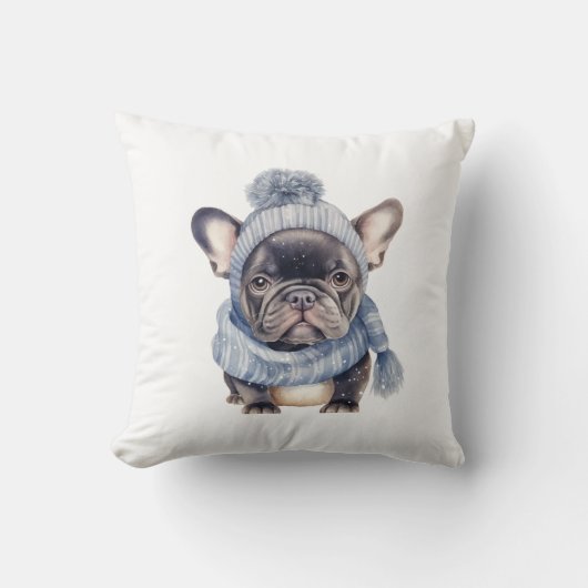 Winter Bulldog Baby in Blue Cap and Scarf Kussen (Voorkant)