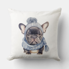 Winter Bulldog Baby in Blue Cap and Scarf Kussen