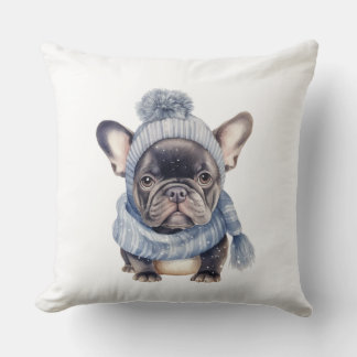 Winter Bulldog Baby in Blue Cap and Scarf Kussen