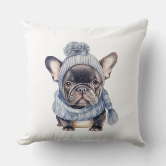Winter Bulldog Baby in Blue Cap and Scarf  Kussen (Voorkant)