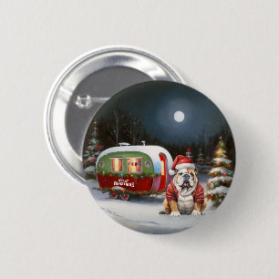 Winter Bulldog Caravaan Kerst Avontuur Ronde Button 5,7 Cm