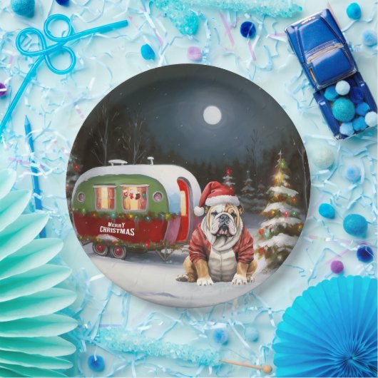 Winter Bulldog Caravan Kerstavontuur Papieren Bordje (Feest)