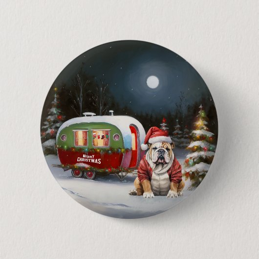Winter Bulldog Caravan Kerstavontuur Ronde Button 5,7 Cm (Voorkant)