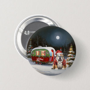 Winter Bulldog Caravan Kerstavontuur Ronde Button 5,7 Cm