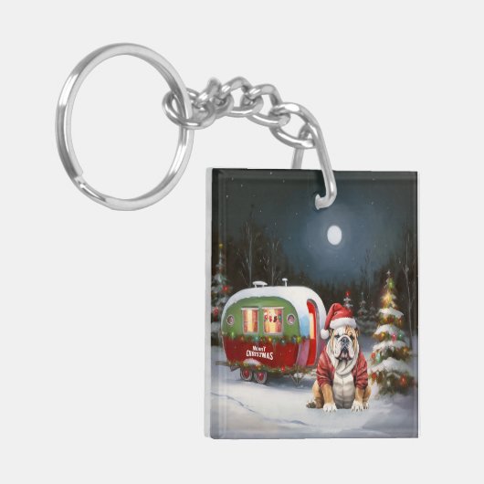 Winter Bulldog Caravan Kerstavontuur Sleutelhanger (Voorkant Links)