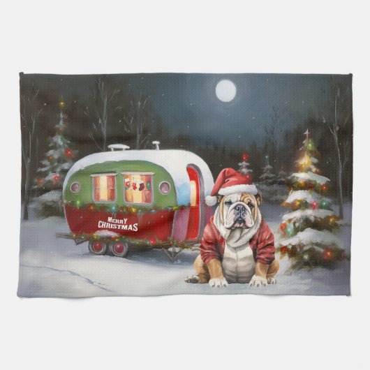 Winter Bulldog Caravan Kerstavontuur Theedoek (Horizontaal)