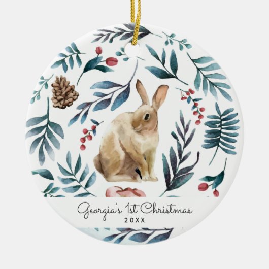 Winter Bunny | Gepersonaliseerde kerstversiering Keramisch Ornament (Voorkant)