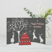 Winter Bunny Hoppy Feestdagen - Eerste Kerstuitnod Kaart (Staand voorkant)