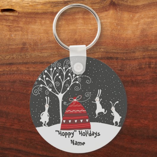 Winter Bunny Hoppy Feestdagen Sleutelhanger (Voorkant)