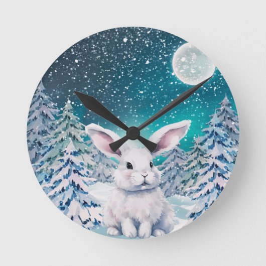 Winter Bunny in Snow Wall Clock Ronde Klok (Voorkant)