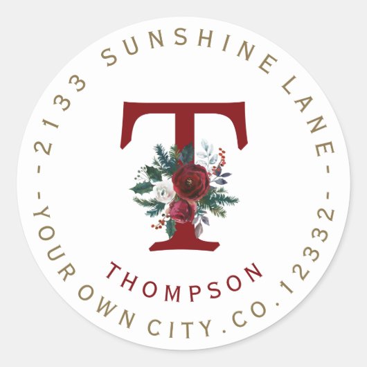 Winter Burgundy Bloem Motief Monogram Adreslabel Ronde Sticker (Voorkant)
