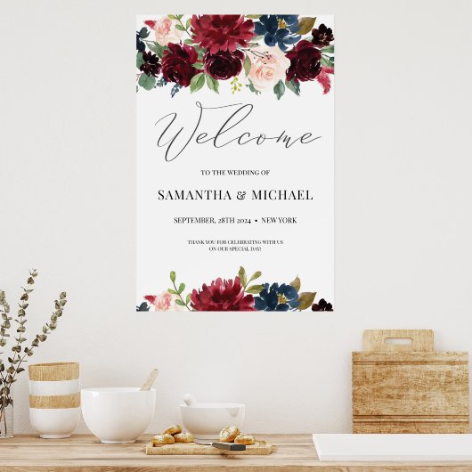 Winter burgundy blush navy floral welkomstteken poster (Keuken)