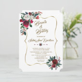 Winter Burgundy Floral Pine Gold Brunch en bubbelb Kaart (Staand voorkant)