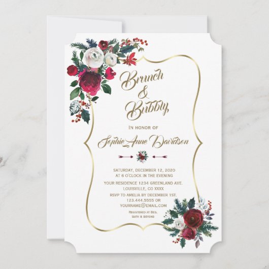 Winter Burgundy Floral Pine Gold Brunch en bubbelb Kaart (Voorkant)