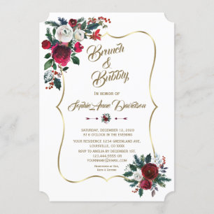 Winter Burgundy Floral Pine Gold Brunch en bubbelb Kaart