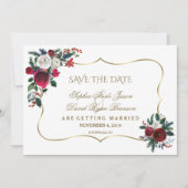 Winter Burgundy Floral Pine Gold redt de datum Save The Date (Voorkant)