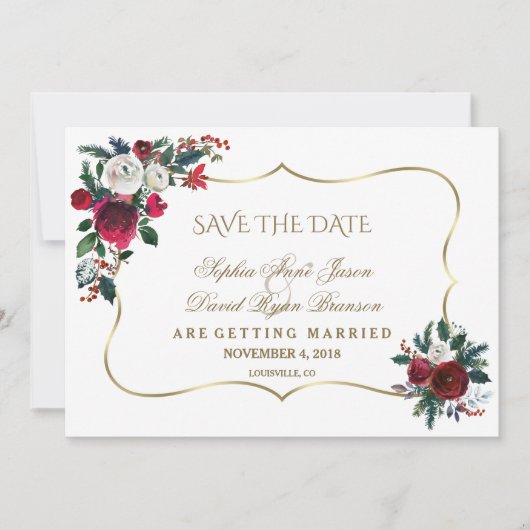 Winter Burgundy Floral Pine Gold redt de datum Save The Date (Voorkant)