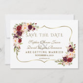 Winter Burgundy Floral Pine Gold redt de datum Save The Date (Voorkant)