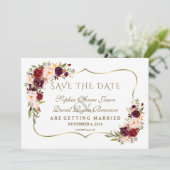 Winter Burgundy Floral Pine Gold redt de datum Save The Date (Staand voorkant)