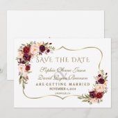 Winter Burgundy Floral Pine Gold redt de datum Save The Date (Voorkant / Achterkant)
