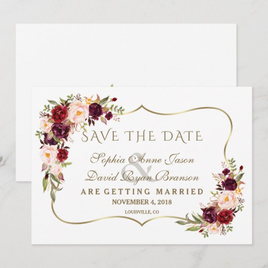 Winter Burgundy Floral Pine Gold redt de datum Save The Date (Voorkant / Achterkant)