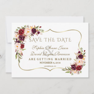 Winter Burgundy Floral Pine Gold redt de datum Save The Date