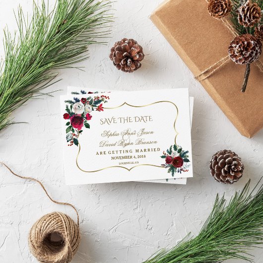 Winter Burgundy Floral Pine Gold redt de datum Save The Date