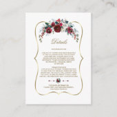 Winter Burgundy Floral Pine Gold Wedding Details Informatiekaartje (Voorkant)