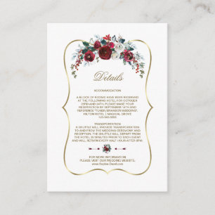 Winter Burgundy Floral Pine Gold Wedding Details Informatiekaartje