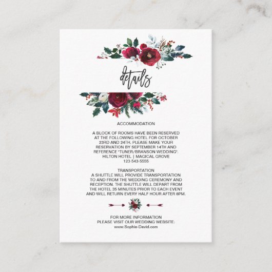 Winter Burgundy Floral Pine Lijst Weddenschap Deta Informatiekaartje (Voorkant)