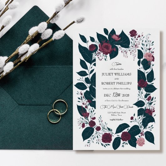 Winter Burgundy Green Floral Leaves Wedding Kaart