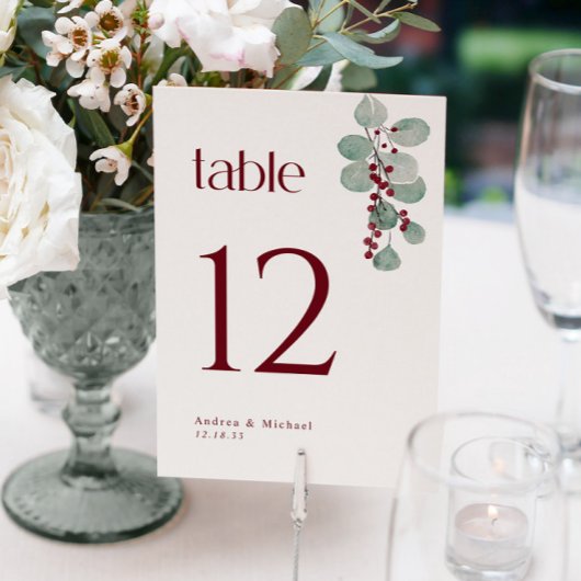 Winter Burgundy Greenery 5x7 Wedding Table Numbers Kaart