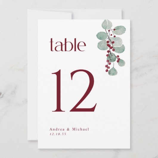 Winter Burgundy Greenery 5x7 Wedding Table Numbers Kaart (Voorkant)