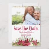 Winter Burgundy Poinsettia Glitter Save the Date Kaart (Voorkant)