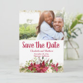 Winter Burgundy Poinsettia Glitter Save the Date Kaart (Staand voorkant)