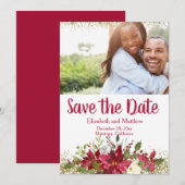 Winter Burgundy Poinsettia Glitter Save the Date Kaart (Voorkant / Achterkant)