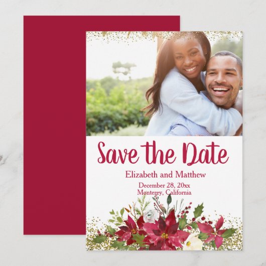 Winter Burgundy Poinsettia Glitter Save the Date Kaart (Voorkant / Achterkant)