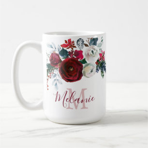 Winter Burgundy Roos Floral Pine Branch Monogram Koffiemok