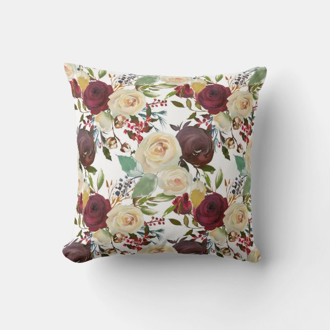 Winter Burgundy Waterverf Floral Sierkussen (Voorkant)