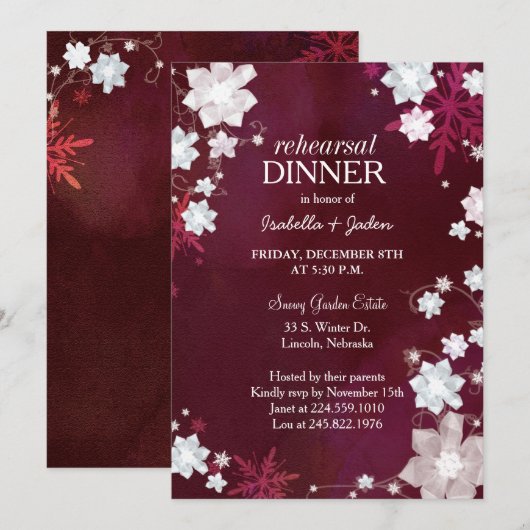Winter Burgundy Wedding Rehearsal Dinner Kaart (Voorkant / Achterkant)
