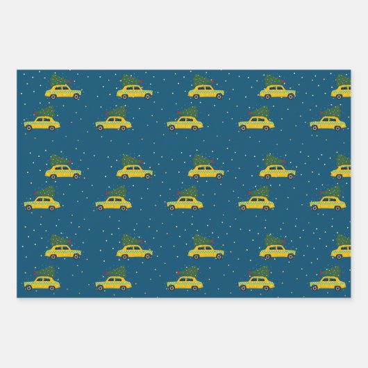 Winter Cab Taxi Fir Tree Pattern Blue Kerstmis Inpakpapier Vel (Voorkant 3)