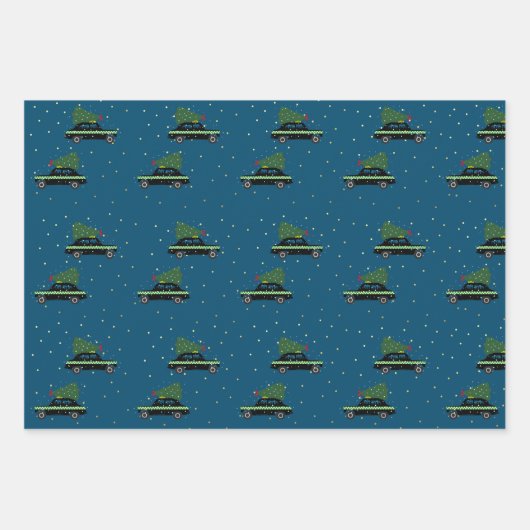 Winter Cab Taxi Fir Tree Pattern Blue Kerstmis Inpakpapier Vel (Voorkant 2)