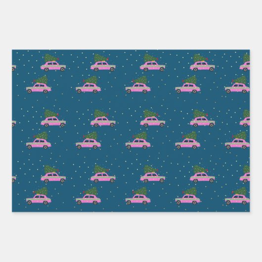 Winter Cab Taxi Fir Tree Pattern Blue Kerstmis Inpakpapier Vel (Voorkant)