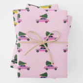 Winter Cab Taxi Fir Tree Pattern Roze Kerstmis Inpakpapier Vel (In situ)
