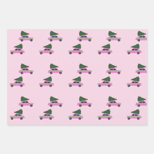 Winter Cab Taxi Fir Tree Pattern Roze Kerstmis Inpakpapier Vel (Voorkant)