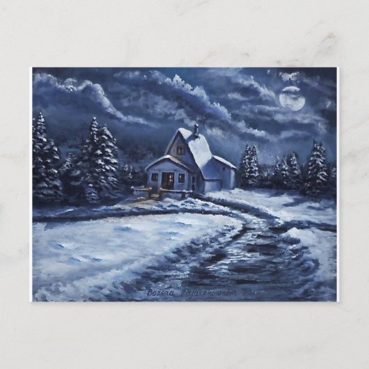 Winter Cabin bij nacht Briefkaart (Voorkant)