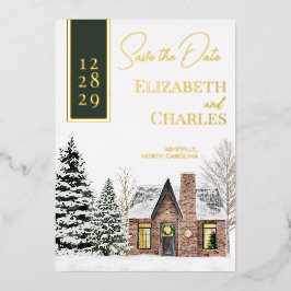 Winter Cabin Cottage Groen Rustiek Save The Date Folie Uitnodiging