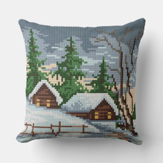 Winter Cabin Cross Stitch Style Throw Pillow Kussen