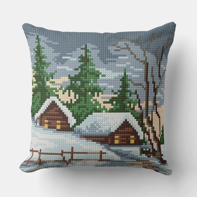 Winter Cabin Cross Stitch Style Throw Pillow Kussen (Voorkant)